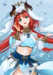  1girl :d blue_bra blue_eyes blue_shrug bra breasts check_clothing clothing_request commentary_request cowboy_shot curtained_hair genshin_impact grey_background hands_up highres long_hair long_sleeves looking_at_viewer making-of_available medium_breasts melgrad31 midriff multicolored_shrug navel nilou_(genshin_impact) open_mouth procreate_(medium) red_eyes red_hair shrug_(clothing) smile solo teeth two-tone_shrug underwear upper_teeth_only veil white_shrug white_veil 