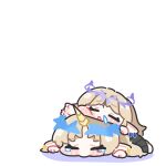  2girls blonde_hair blush cartethyia_(wuthering_waves) chibi chibi_only closed_eyes commentary_request fleurdelys_(wuthering_waves) highres horns long_hair multiple_girls open_mouth parted_bangs pointy_ears simple_background single_horn syurikenmaru tacet_mark_(wuthering_waves) tearing_up tears white_background wuthering_waves 
