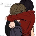  ... 1boy 1girl ada_wong arm_around_another's_back arms_around_neck artist_name black_hair black_vest brown_hair commentary couple english_commentary english_text grey_shirt hetero highres hug leon_s._kennedy red_shirt resident_evil resident_evil_6 rikky_yn shirt short_hair speech_bubble spoken_ellipsis twitter_username upper_body vest white_background 