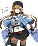  1girl absurdres bigkwl black_gloves black_hat black_skirt black_thighhighs blue_capelet blush brown_hair brown_pantyhose capelet closed_mouth commentary cowboy_shot dated dated_commentary double-parted_bangs fingerless_gloves gloves hair_between_eyes hair_ornament hairclip hat highres kantai_collection long_hair long_sleeves looking_at_viewer miniskirt one-hour_drawing_challenge pantyhose pleated_skirt rigging shirt simple_background skirt smile solo tashkent_(kancolle) thighhighs twintails twitter_username white_background white_shirt 