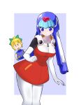  2girls absurdres arm_up black_sleeves blonde_hair blue_eyes blue_hair blush bodysuit border breasts clenched_hand collarbone commentary_request cosplay costume_switch cowboy_shot dress elbow_gloves fairy_leviathan_(mega_man) fairy_leviathan_(mega_man)_(cosplay) forehead_jewel gem gloves green_ribbon hair_ribbon helmet highres in-franchise_crossover large_breasts light_blush long_eyelashes long_hair looking_down mega_man_(classic) mega_man_(series) mega_man_11 mega_man_zero_(series) multiple_girls outside_border red_dress red_gem ribbon robot_hair roll_(mega_man) roll_(mega_man)_(cosplay) short_dress short_sleeves sidelocks simple_background sleeveless turtleneck two-tone_dress upper_body white_bodysuit white_border white_gloves white_hood yg_(user_hfse3388) zipper_pull_tab |_| 