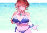  1girl bikini black_bikini border breasts chest_jewel commentary_request cowboy_shot earrings highres jewelry large_breasts pyra_(xenoblade) red_eyes red_hair short_hair solo swimsuit tarbo_(exxxpiation) tiara white_border xenoblade_chronicles_(series) xenoblade_chronicles_2 