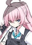 1girl absurdres ahoge amaxa beretta_1301 beretta_92 black_gloves blue_archive blue_eyes blue_necktie bulletproof_vest closed_mouth collared_shirt commentary_request crossed_bangs fingerless_gloves gloves gun hair_between_eyes hair_intakes handgun heterochromia highres hoshino_(armed)_(blue_archive) hoshino_(blue_archive) long_hair necktie pink_hair ponytail shirt shotgun sidelocks simple_background solo upper_body weapon white_background white_shirt yellow_eyes 