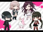  1boy :d :o apron bandaged_arm bandages black_hair black_jacket black_shoes blood blunt_bangs blush breasts brown_eyes brown_hair brown_shoes buttons chibi collared_shirt colored_blood commentary_request danganronpa_(series) danganronpa_2:_goodbye_despair danganronpa_v3:_killing_harmony diagonal-striped_background flipped_hair frown hair_between_eyes hair_ornament hair_scrunchie hairclip harukawa_maki hat highres jacket kara_ageage614 long_hair long_sleeves looking_at_viewer low_twintails medium_hair miniskirt mole mole_under_eye monomi_(danganronpa) nanami_chiaki neck_ribbon open_clothes open_jacket open_mouth pants pink_blood pink_eyes pink_ribbon pink_shirt pleated_skirt puffy_short_sleeves puffy_sleeves red_eyes red_scrunchie red_shirt red_thighhighs ribbon saihara_shuichi sailor_collar school_uniform scrunchie shirt shoes short_hair short_sleeves skirt smile striped_background striped_clothes sweatdrop thighhighs tsumiki_mikan twintails white_apron white_background white_shirt white_shoes zettai_ryouiki 