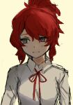  1girl breasts collared_shirt commentary expressionless fh_ab0 grey_eyes hair_between_eyes hello_charlotte high_ponytail highres looking_to_the_side medium_hair neck_ribbon ponytail portrait red_hair red_ribbon ribbon scarlett_eyler shirt sidelocks small_breasts solo white_background white_shirt 