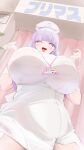  1girl absurdres azur_lane barcode blush bottle breasts character_name clock commentary_request curtains dress elbow_gloves english_text from_below garter_straps gloves hat highres hime_cut holding holding_bottle huge_breasts id_card lanyard long_hair looking_at_viewer manjuu_(azur_lane) nurse_cap nurse_dress o2iro8 official_alternate_costume open_mouth plant plymouth_(an_angelic_physical)_(azur_lane) plymouth_(azur_lane) purple_eyes purple_hair safety_pin smile solo spilling thighs tongue tongue_out translation_request w_arms white_dress white_garter_straps white_gloves 