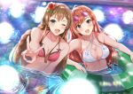  2girls aqua_eyes arisugawa_natsuha bare_shoulders bikini blush breasts brown_hair cleavage collarbone commentary_request flower grey_eyes hair_flower hair_ornament halterneck highres idolmaster idolmaster_million_live! idolmaster_million_live!_theater_days idolmaster_shiny_colors in-franchise_crossover innertube kousaka_umi long_hair looking_at_viewer multiple_girls navel on_innertube one_eye_closed open_mouth orange_hair pink_bikini purple-tinted_eyewear red_flower smile stomach swim_ring swimsuit tinted_eyewear trait_connection upper_body v white_bikini yuzuyu_(hyui) 