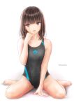  1girl :o artist_name barefoot between_legs black_swimsuit brown_eyes brown_hair competition_swimsuit full_body hand_between_legs hand_up highres looking_at_viewer one-piece_swimsuit original school_swimsuit simple_background sitting solo swimsuit wariza wet white_background yuluvine 