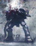  2boys acid_bufferzone aiming armor cable commentary_request facing_viewer humanoid_robot light_particles masahiro_ito mecha mecha_focus mecha_pilot_suit multiple_boys pauldrons robot shoulder_armor traditional_media 