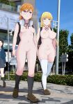  3girls absurdres backpack bag black_hair black_socks blonde_hair blue_jacket blue_sky blush breasts brown_shoes censored clothed_female_nude_female commentary_request commission dress embarrassed exhibitionism full_body green_eyes grey_dress headphones headphones_around_neck heanna_sumire highres jacket kneehighs large_breasts long_hair long_sleeves love_live! love_live!_superstar!! medium_breasts multiple_girls naked_school_attendance naked_shoes navel neck_ribbon nipples nude orange_hair outdoors photo_background public_indecency public_nudity purple_eyes red_ribbon ribbon school_uniform shibuya_kanon shoes sign skeb_commission sky socks sweatdrop thighhighs tree variant_set wewe white_thighhighs yuigaoka_school_uniform 