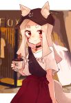  1girl alternate_costume animal_ear_fluff animal_ears bag baseball_cap bubble_tea choker cowboy_shot eyes_visible_through_hair facial_mark fox_ears fox_girl fox_tail hat jewelry long_hair looking_at_viewer outdoors red_eyes ribbon rimukoro sewayaki_kitsune_no_senko-san shiro_(sewayaki_kitsune_no_senko-san) shirt short_eyebrows shoulder_bag silver_hair skirt solo t-shirt tail thick_eyebrows whisker_markings 