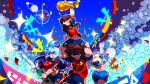  >_< 1boy 2026_fifa_world_cup 3girls 6+others absurdres alternate_costume aqua_(konosuba) blonde_hair blue_hair blue_shirt blue_shorts breasts brown_hair cheering clothes_lift commentary confetti darkness_(konosuba) day english_commentary fifa_world_cup_trophy highres holding holding_trophy large_breasts long_hair looking_at_viewer megumin multiple_girls multiple_others open_mouth pixel_art red_shirt satou_kazuma shirt shirt_lift short_hair short_sleeves shorts sitting_on_shoulder smile stadium standing tamaco_sama trophy world_cup 