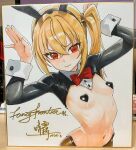  1girl absurdres animal_ear_hairband animal_ears arms_up artist_name black_hairband black_shrug blonde_hair blush bow bowtie breasts closed_mouth commentary_request crossed_bangs dated detached_collar english_commentary fake_animal_ears fancy_frontier_46 gold_hiphighs hair_between_eyes hairband heart_pasties high_side_ponytail highres hiphighs long_hair long_sleeves looking_at_viewer luciana_de_montefio maebari mixed-language_commentary navel pasties photo_(medium) rabbit_ear_hairband rabbit_ears red_bow red_bowtie red_eyes reverse_bunnysuit reverse_outfit shikishi shrug_(clothing) side_ponytail signature small_breasts solo stomach traditional_bowtie traditional_media upper_body weimiaw white_wrist_cuffs wrist_cuffs zenless_zone_zero 