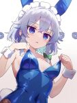  ... 1girl alternate_costume animal_ears bare_shoulders blue_eyes blue_leotard blush bow braid breasts chikuzen1996 commentary_request covered_navel gradient_background green_bow grey_hair hair_between_eyes hair_bow highres izayoi_sakuya leotard long_hair maid maid_headdress open_mouth rabbit_ears rabbit_tail small_breasts solo strapless strapless_leotard tail touhou twin_braids white_wrist_cuffs wrist_cuffs 