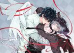  2boys alien_stage angel_wings black_eyes black_hair black_veil black_wings checkered_background chinese_commentary commentary_request commission demon_boy demon_wings green_eyes grey_hair grey_sweater highres horns ichiha_001 ivan_(alien_stage) licking licking_another's_neck multiple_boys official_alternate_costume red_pupils shirt signature string string_of_fate sweater till_(alien_stage) veil white_shirt white_wings wings yaoi 