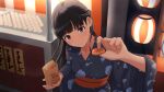  1girl absurdres alternate_costume alternate_hairstyle amagami ayatsuji_tsukasa black_eyes black_hair blue_kimono closed_mouth commentary_request cookie feeding_viewer food foreshortening highres holding holding_food japanese_clothes kagari_ds kimono lantern long_hair long_sleeves looking_at_viewer market_stall outdoors paper_lantern print_kimono solo summer_festival upper_body wide_sleeves yukata 