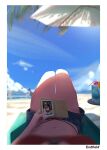  angelina_(arknights) animal_ears arknights arknights:_endfield beach beach_umbrella bendy_straw blue_shorts blue_sky blurry blurry_background brown_hair chen_qianyu_(arknights) cloud cocktail cocktail_umbrella commentary_request copyright_name day drinking_straw female_pov fox_ears fox_girl gilberta_(arknights) highres knees_up lying navel ocean on_back outdoors palm_tree perlica_(arknights) pov pov_breasts short_shorts shorts sky stomach tree umbrella volleyball_(sport) you'a 