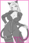  1girl animal_ears blonde_hair blush bodysuit border breast_zipper breasts cat_ears cat_tail catsuit cleavage collar commentary dead_or_alive fake_tail garter_belt large_breasts long_hair looking_at_viewer lowres monochrome nin_nin! parted_hair pink_border smile standing tail thigh_strap tina_armstrong zipper 