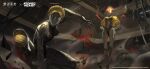  2girls arm_up arms_behind_back atomic_heart black_leotard blonde_hair braid breasts cable claw_(weapon) clothed_robot copyright_name copyright_notice crown_braid dust faceless faceless_female facing_viewer feet_out_of_frame gold_jacket highres humanoid_robot indoors joints left_(atomic_heart) leotard logo medium_breasts metal_skin multiple_girls official_art official_wallpaper red_star reverse:1999 right_(atomic_heart) robot robot_girl robot_joints spread_legs squatting standing star_(symbol) weapon 