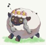  :d black_eyes commentary_request full_body gen_8_pokemon komame_(st_beans) musical_note no_humans open_mouth pokemon pokemon_(creature) smile solo tongue veil wooloo 