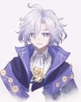  1boy ahoge ascot blue_pupils collared_jacket collared_shirt commentary_request ewanko_05 eyes_visible_through_hair gem genshin_impact hair_between_eyes high_collar highres jacket jewelry lapels looking_at_viewer male_focus mitya_(genshin_impact) open_clothes open_jacket orange_gem pendant purple_eyes purple_jacket purple_vest shirt short_hair simple_background smile solo tassel teeth upper_body vest wavy_hair white_ascot white_background white_hair white_shirt 