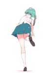  1girl absurdres adjusting_clothes adjusting_footwear adjusting_shoe against_wall arm_support bad_id bad_pixiv_id black_shoes blue_skirt commentary_request contemporary facing_away foreshortening frog_hair_ornament from_behind full_body green_hair hair_ornament highres invisible_wall kneehighs kneepits kochiya_sanae leaning_forward leg_up loafers long_hair miniskirt non_(z-art) pleated_skirt school_uniform shirt shoe_soles shoes short_sleeves simple_background skirt socks solo standing standing_on_one_leg thighs touhou turning_head upskirt white_background white_shirt white_socks 