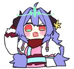  1girl ahoge arm_behind_head blush_stickers bow braid chibi commentary crown curled_horns fang floating_crown flower fur-trimmed_kimono fur_trim green_crown hair_bow horn_flower horns japanese_clothes kimono kindred_(league) lamb_(league) league_of_legends long_hair low_twin_braids official_alternate_costume official_alternate_eye_color official_alternate_hair_color official_alternate_hairstyle open_mouth possessed purple_hair red_eyes ri_~yoku ruined_(league) simple_background solo spirit_blossom_(league) spirit_blossom_kindred twin_braids viego_(league) white_background white_fur yellow_bow yellow_flower 