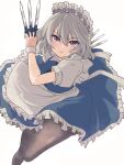  1girl apron arm_behind_back assault_lily between_fingers black_pantyhose blue_dress blush closed_mouth commentary_request cosplay dress foot_out_of_frame frilled_apron frilled_dress frills grey_hair hair_between_eyes hands_up hata_matsuri highres holding holding_knife izayoi_sakuya izayoi_sakuya_(cosplay) knife knives_between_fingers leaning_forward leg_up long_hair maid maid_headdress medium_hair pantyhose puffy_short_sleeves puffy_sleeves purple_eyes short_sleeves simple_background solo standing standing_on_one_leg touhou urutsu_sahari v-shaped_eyebrows waist_apron white_apron white_background wrist_cuffs 