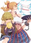  2girls absurdres adapted_costume alternate_hairstyle balloon black_skirt blonde_hair blowing blush brown_shirt commentary_request cowboy_shot cup fan_request frilled_sleeves frills green_eyes hands_up highres holding holding_balloon holding_cup horns hoshiguma_yuugi inflating long_hair long_sleeves marshmallow_(site) mizuhashi_parsee multiple_girls off-shoulder_shirt off_shoulder ponytail popped_balloon profile red_skirt sakazuki shirt simple_background single_horn skirt smile spaghetti_strap suriburi06 touhou two-tone_skirt v-shaped_eyebrows white_background 