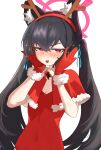  1girl absurdres animal_ear_fluff animal_ears antlers bell black_hair blue_archive blush breasts christmas cleavage commentary halo hands_on_own_face highres horns jingle_bell leotard long_hair red_eyes red_leotard rokun serika_(blue_archive) solo twintails upper_body 
