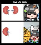  1girl :d absurdres animal_ear_hairband animal_ears black_hair blue_archive blue_shirt chibi chibi_only commentary_request english_text fake_animal_ears green_neckerchief hairband halo hand_up highres jochal kidney korean_commentary leaf leaf_on_head miyu_(blue_archive) money money_fan neckerchief open_mouth pyroxene_(blue_archive) rabbit_ear_hairband rabbit_ears sailor_collar shirt smile solo tongue tongue_out white_halo white_sailor_collar 