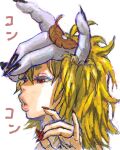  1girl bad_drawr_id bad_id blonde_hair copyright_request fingernails from_side hair_between_eyes hand_from_head jonpei leaf leaf_on_head lips long_fingernails medium_hair open_mouth portrait red_eyes red_nails sharp_fingernails solo translation_request white_background 