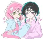  2girls absurdres alien_stage black_hair blue_hoodie borrowed_design chinese_commentary closed_mouth commentary_request green_eyes hair_ornament heart highres hood hoodie meng_ke_yiti_ji mizi_(alien_stage) multiple_girls open_mouth purple_eyes purple_hoodie side_ponytail sphere_hair_ornament star_(symbol) star_hair_ornament sua_(alien_stage) twintails white_background 