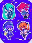  4girls a.i._voice adachi_rei ahoge aqua_eyes aqua_hair aqua_necktie baguette beret bread commentary eighth_note food hat hatsune_miku headphones highres holding holding_food holding_spring_onion holding_vegetable jellyfish kasane_teto kasane_teto_(utau) long_hair mikiwo_eko53 multiple_girls musical_note necktie orange_eyes orange_hair purple_background purple_eyes purple_hair purple_necktie red_eyes red_hair ribbon road_sign side_ponytail sign simple_background spring_onion utane_uta utau vegetable vocaloid white_ribbon 