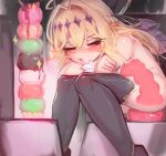 1girl absurdres anal anal_object_insertion antenna_hair arms_on_knees black_bow black_thighhighs blonde_hair blush bow brooch cure_arcana_shadow diamond_hairband dildo dildo_riding food frilled_cuffs hair_intakes half-closed_eyes highres ice_cream jewelry long_hair magical_girl meitantei_precure! nude object_insertion open_mouth precure sex_toy sirfy sitting solo sparkle thighhighs torogao x-ray 