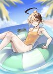  1girl absurdres ahoge blonde_hair blue_sky blurry blurry_foreground breasts brown_hair cloud commentary covered_navel day english_commentary gigi_murin highleg highleg_one-piece_swimsuit highres hololive hololive_english innertube looking_at_viewer multicolored_hair nurizza_ilst ocean on_innertube one-piece_swimsuit outdoors pink_eyes ponytail short_hair sky small_breasts solo swim_ring swimsuit tail two-tone_hair virtual_youtuber yellow_one-piece_swimsuit 
