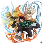  3boys abs agatsuma_zenitsu arms_up artist_logo battoujutsu_stance black_jacket black_pants boar_mask brown_eyes brown_hair checkered_haori closed_eyes commentary_request demon_slayer_uniform dual_wielding earrings electricity fighting_stance fire flaming_sword flaming_weapon forked_eyebrows full_body green_haori hanafuda_earrings haori hashibira_inosuke highres holding holding_sword holding_weapon jacket japanese_clothes jewelry kamado_tanjirou katana kimetsu_no_yaiba kishimen_hair logo male_focus mery_(yangmalgage) multiple_boys pants puffy_pants ready_to_draw scar scar_on_face scar_on_forehead short_hair simple_background sword tabi toned toned_male topless_male triangle_print veiny_face weapon white_background yellow_haori 