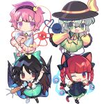  4girls animal_ears arm_cannon bird_wings black_hairband black_hat black_wings blue_shirt blush_stickers bow braid brown_hair buttons cape cat_ears cat_tail chest_eye chibi chibi_only chinese_commentary closed_mouth collared_shirt commentary_request control_rod_(touhou) diamond_button disembodied_linked_eye dress extra_ears eyeball fang feathered_wings fire flaming_skull floating_skull floral_print frilled_dress frilled_shirt_collar frilled_skirt frilled_sleeves frills green_bow green_dress green_eyes green_hair green_skirt hair_bow hair_ornament hairband hat hat_bow heart heart_button heart_hair_ornament heart_of_string highres kaenbyou_rin komeiji_koishi komeiji_satori long_hair long_sleeves looking_at_viewer multiple_girls multiple_tails nekomata one_eye_closed open_mouth paw_pose pink_eyes pink_hair pink_skirt pink_slippers pointing pointing_up print_cape print_skirt puffy_short_sleeves puffy_sleeves red_eyes red_hair red_nails reiuji_utsuho rose_print shirt short_sleeves siblings simple_background sisters skin_fang skirt skull sleeves_past_fingers sleeves_past_wrists slippers smile socks starry_sky_print tail third_eye touhou twin_braids two-sided_cape two-sided_fabric two_tails weapon white_background white_cape white_shirt white_socks wide_sleeves wings yellow_bow yellow_shirt zhenda10169 