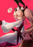  1girl animal_ear_fluff animal_ears ass bangs black_bow black_gloves blush bow breasts coattails collared_shirt corset dress_shirt fate/grand_order fate_(series) fox_tail glasses gloves gun hair_between_eyes hair_bow heart highres koyanskaya_(fate) large_breasts long_hair long_sleeves looking_at_viewer looking_back pantyhose pink_hair powerless rabbit_ears rifle shirt sidelocks smile sniper_rifle solo spoken_heart tail tamamo_(fate) thighs twintails underbust weapon white_legwear white_shirt yellow_eyes 