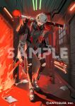  1boy baseball_bat black_jacket black_nails black_pants black_shoes burning commentary company_name copyright_name copyright_notice fingernails fire full_body grey_hair hair_ornament hallway holding holding_baseball_bat indoors jacket kuzuha_(nijisanji) long_fingernails long_sleeves looking_at_viewer lowro_(en) male_focus nail_polish nijisanji official_alternate_costume official_art open_clothes open_jacket pants red_eyes red_jacket sample_watermark sharp_teeth shoes short_hair solo standing teeth tongue tongue_out torn_clothes torn_pants two-sided_fabric two-sided_jacket virtual_youtuber watermark 