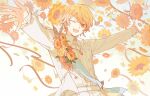  1boy :d ;d absurdres arms_up blonde_hair blue_sash commentary cowboy_shot dear_my_fellows_(project_sekai) earrings flower highres jewelry kino_kazumi lily_of_the_valley long_sleeves male_focus necklace one_eye_closed open_mouth orange_eyes orange_flower outstretched_arms project_sekai rose sash shirt shoulder_sash single_earring smile solo streamers sunflower tenma_tsukasa untranslatable_commentary white_shirt yellow_flower yellow_rose 