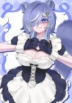  1girl 3am absurdres animal_ears apron black_bow black_dress black_gloves blue_eyes blue_hair blue_tail blush bow breasts cleavage collar colored_skin detached_collar dress eye_mask frilled_dress frills gloves hair_ornament hair_over_one_eye heart heart_hands highres iam_cryo large_breasts looking_at_viewer maid maid_apron mask pink_skin raccoon_ears raccoon_girl raccoon_tail short_hair sidelocks snuffy_(vtuber) solo star_(symbol) star_hair_ornament tail virtual_youtuber white_collar white_wrist_cuffs wrist_cuffs 