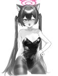  1girl absurdres animal_ear_fluff animal_ears arm_behind_back bare_arms bare_shoulders blue_archive blush breasts cat_ears cat_girl commentary greyscale hair_between_eyes halo hand_on_own_hip highleg highleg_leotard highres leotard long_hair medium_breasts monochrome nontraditional_playboy_bunny one_eye_closed open_mouth pantyhose pink_halo rokun serika_(blue_archive) solo strapless strapless_leotard thighband_pantyhose twintails very_long_hair wrist_cuffs 
