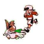  1boy backwards_hat baseball_cap bird black_hair commentary_request ethan_(pokemon) farfetch'd food hat holding holding_food holding_vegetable jacket long_sleeves open_mouth pants pokemon pokemon_(creature) pokemon_gold/silver/crystal red_jacket running shoes short_hair spring_onion tyako_089 vegetable 