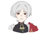  1boy albino alternate_color alternate_eye_color alternate_hair_color black_bodysuit blunt_ends bodysuit bright_pupils cape colored_eyelashes commentary covered_collarbone cropped_torso genshin_impact halca highres japanese_clothes kimono looking_at_viewer male_focus mandarin_collar parted_bangs parted_lips portrait red_cape red_eyes scaramouche_(genshin_impact) shoulder_peek side_cape solo straight-on tsurime wanderer_(genshin_impact) white_background white_eyelashes white_hair white_kimono white_mouth white_pupils wispy_bangs 