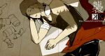  1boy bandaged_arm bandages beanie black_pants black_tank_top brown_hair can closed_eyes clothes_around_waist commentary_request copyright_logo hat headphones headphones_around_neck k-project litalan logo lying male_focus on_floor on_side pants red_shirt shirt shirt_around_waist short_hair sleeping solo sunlight tank_top web_address yata_misaki 