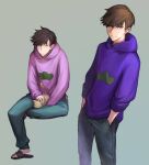  2boys between_legs black_hair black_pants black_shoes blue_pants brown_eyes brown_hair cat commentary_request cowboy_shot denim flip-flops full_body gradient_background grey_background hair_between_eyes hand_between_own_legs hands_in_pockets highres hood hood_down hoodie invisible_chair jeans jun_(navigavi) long_hair long_sleeves looking_at_another looking_at_viewer male_focus multiple_boys original pants pink_hoodie purple_hoodie sandals shoes short_hair sitting toes 