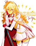  1girl absurdres animification ascot blonde_hair cape character_name closed_mouth colored_skin commentary_request crown flipped_sidelocks fur-trimmed_cape fur_trim gem gloves hair_between_eyes highres holding holding_scepter jacket jeweled_crown lifesteal_smp long_hair long_sleeves looking_at_viewer low_drills minecraft minecraft_youtube mini_crown ouji_fashion princezam red_cape scepter simple_background skirt smile solo two-sided_cape two-sided_fabric white_ascot white_background white_jacket yellow_eyes yellow_skin 