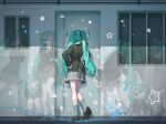  1girl 95hoody afterimage apartment aqua_hair black_jacket black_shoes bouquet chibi commentary doodle_inset door dotted_line eyepatch flower from_behind full_body grey_skirt grey_socks hair_intakes hand_on_own_chin hands_on_own_hips hatsune_miku highres holding holding_bouquet jacket long_hair medical_eyepatch monitoring_(vocaloid) multiple_views necktie paper_airplane shoes skirt socks star_(symbol) sunflower twintails very_long_hair vocaloid window 