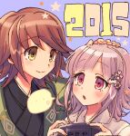  ... 1boy 1girl 2015 blush brown_hair cherry_blossoms commentary_request controller danganronpa_(series) flower_hairpin fujisaki_chihiro game_controller green_kimono headpat holding holding_controller holding_game_controller japanese_clothes kimono looking_at_another nanami_chiaki pink_eyes pink_hair purple_background speech_bubble star_(symbol) taller_than_canon trap white_kimono yellow_eyes yoyoyotto 